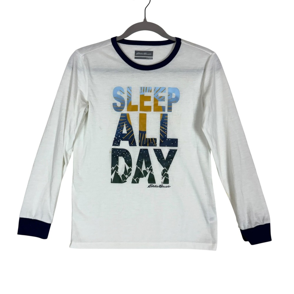 Eddie Bauer Pajama Top Kids 10-12 White Sleep All Day Graphic Long Sleeve Lounge